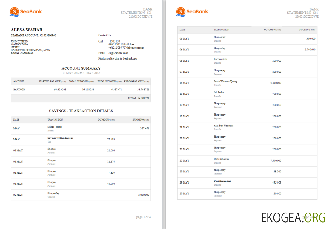 Modèle Word et PDF de déclaration Indonesia Seabank, 4 pages 1 2 scr